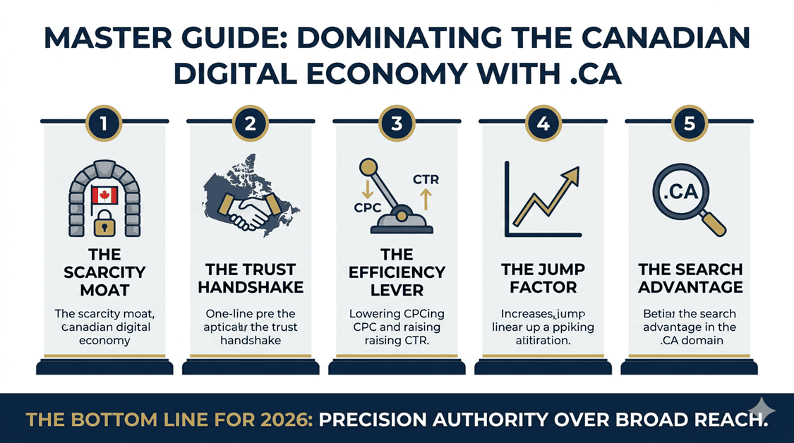Infographic titled "Master Guide: Dominating the Canadian Digital Economy with .CA." It features five numbered columns: 1. The Scarcity Moat, 2. The Trust Handshake, 3. The Efficiency Lever (lowering CPC, raising CTR), 4. The Jump Factor, and 5. The Search Advantage. A bottom banner reads "The Bottom Line for 2026: Precision Authority Over Broad Reach."