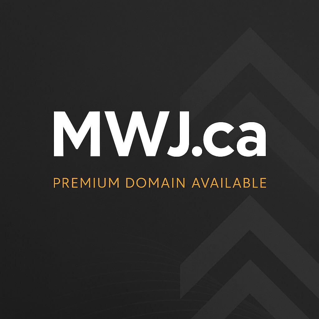 MWJ.ca clean, modern typography with bold emphasis on MWJ.ca. Sub‑text: Premium Domain Available in a bright accent color for impact minimal gradient background with subtle abstract tech elements for polish. Balanced, centered layout.