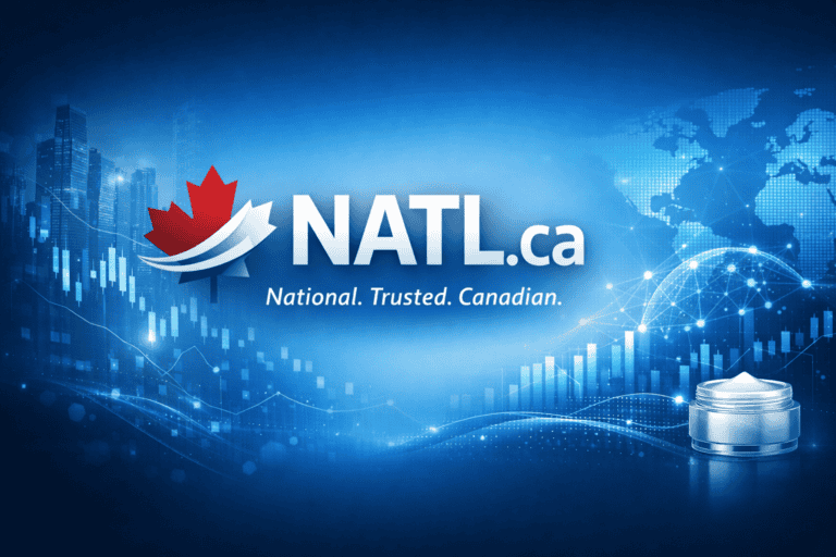 NATL.ca premium fintech and national‑services header featuring bold centered domain text, a red maple‑leaf emblem, financial chart elements, and a connected digital world map representing enterprise‑grade Canadian technology and infrastructure.