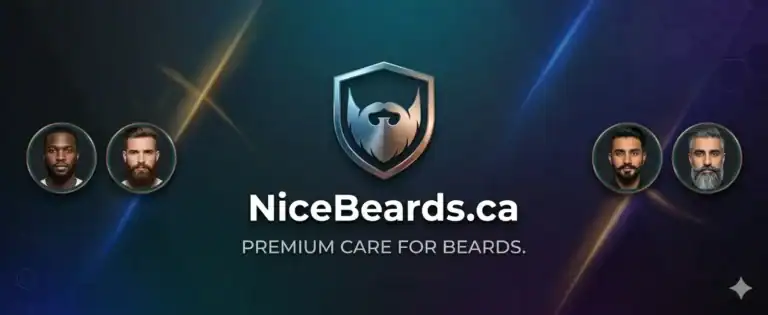 A premium, corporate-style web header for NiceBeards.ca featuring a central silver and copper shield logo with a stylized beard icon. The domain name "NiceBeards.ca" and tagline "PREMIUM CARE FOR BEARDS." are centered in white text on a dark, multi-colored background. Four circular portrait photos of diverse men with well-groomed beards are positioned on the sides.