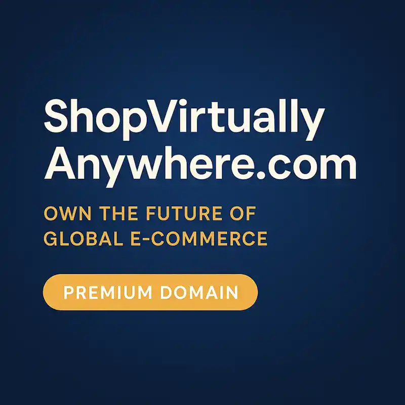Premium domain ShopVirtuallyAnywhere.com showcased with global e-commerce and virtual shopping visuals.