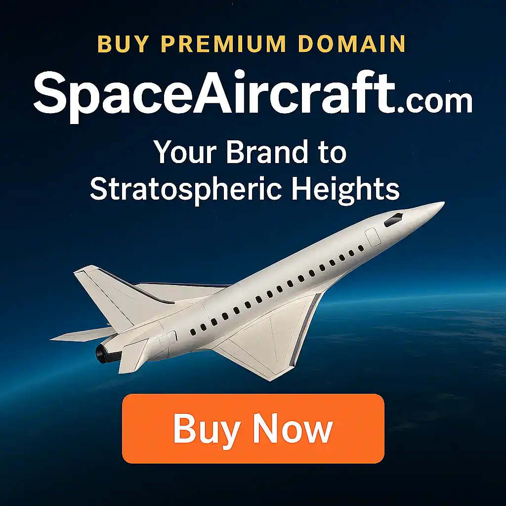 Premium domain SpaceAircraft.com with futuristic aircraft and space-themed branding visuals for Domain Buyers Market.