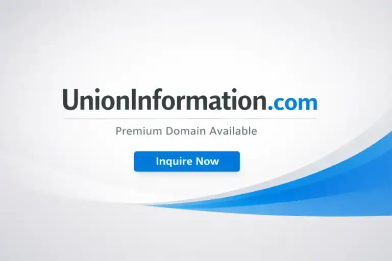 A professional domain‑for‑sale banner featuring the domain name UnionInformation.com in bold, centered typography on a clean gradient background accented with blue. The sub‑text “Premium Domain Available” appears below, conveying a modern, trustworthy brand presentation suitable for LinkedIn or marketplace listings.
